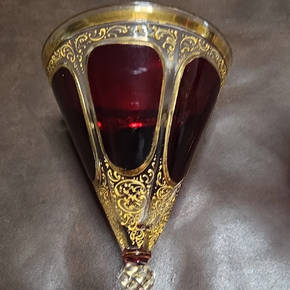 Moser Cabohon Red and Gold Ornate Goblets - Picture 3 of 4